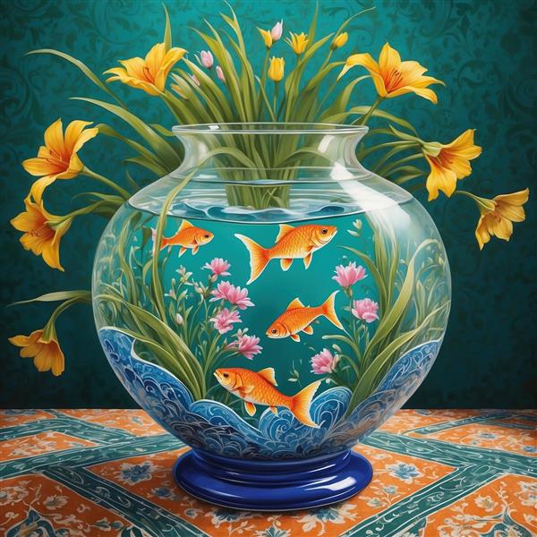 طرح سه بعدی تنگ ماهی و گلهای زنبق نارنجی ایده‌آل برای نوروز