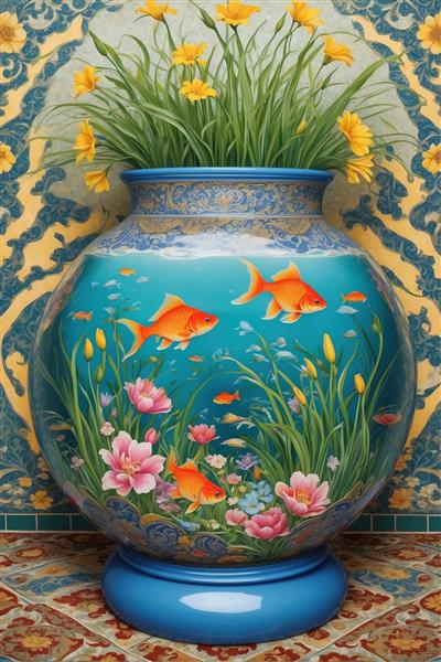 تصویر باکیفیت کوزه سفالی پر از ماهی و گلهای زرد ویژه نوروز