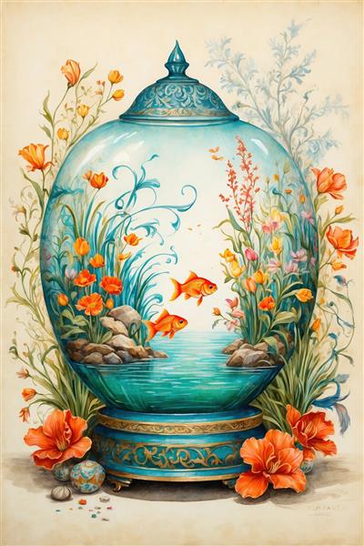 طرح رویایی تنگ ماهی با سنگریزه و گلهای بهاری مناسب چاپ کاغذ دیواری نوروز