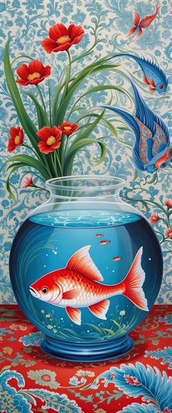 نقاشی مینیاتور ماهی قرمز و گلهای سرخ فانتزی مناسب نوروز