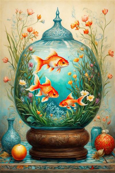 پوستر دیواری عمودی لوکس طرح تنگ ماهی درپوش‌دار سلطنتی ویژه دکوراسیون نوروز