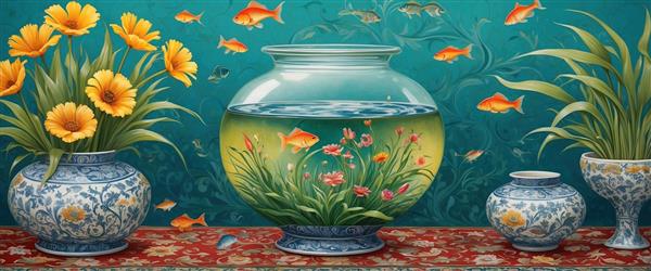 پوستر دیواری عریض طرح آکواریوم و گلدان‌های چینی با رنگ‌بندی فیروزه‌ای برای نوروز
