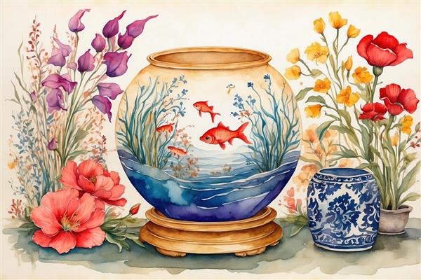 تصویر آبرنگ آرامش‌بخش از حرکت ماهی در تنگ شیشه‌ای ویژه نوروز