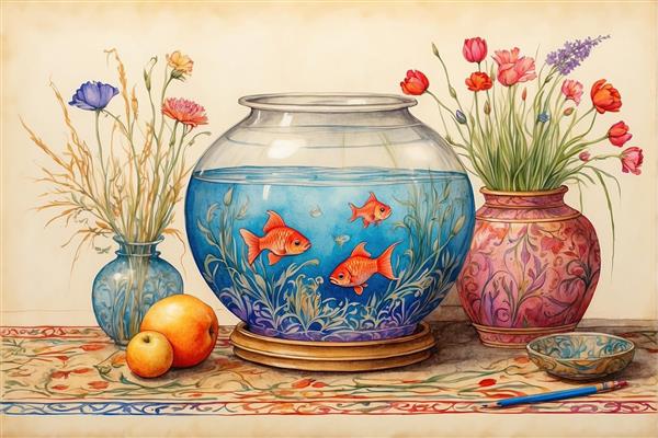 طرح طبیعت بی‌جان با تنگ ماهی و گلدان‌های سفالی مناسب برای نوروز