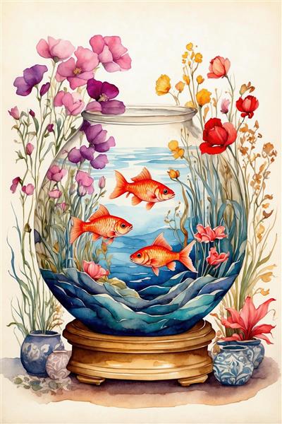 نقاشی فانتزی آکواریوم و گل‌های رنگارنگ مناسب برای چاپ نوروز