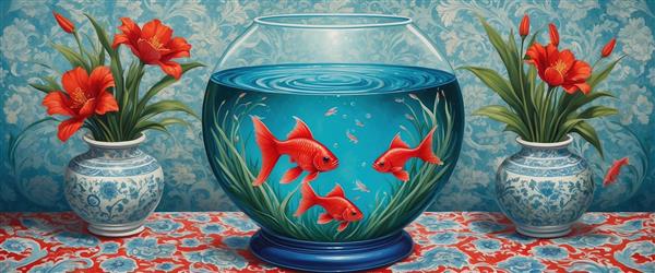 طرح پانوراما تنگ ماهی قرمز و گلدان‌های گل ویژه چاپ کاغذ دیواری سه بعدی نوروز