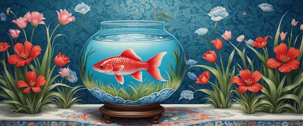 پوستر دیواری عریض با تم اقیانوس و ماهی قرمز در تنگ شیشه ای میان گل های قرمز برای نوروز