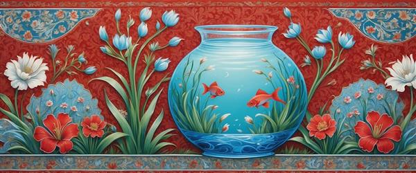 پوستر دیواری پانوراما طرح اسلیمی قرمز با تنگ ماهی و گل های وحشی مناسب برای نوروز