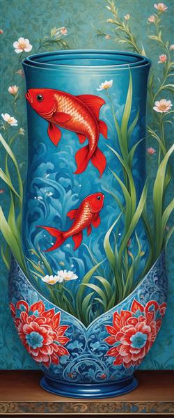 تصویر عمودی ماهی های کوی قرمز در گلدان تزئینی بلند برای چاپ روی تابلوهای تزئینی نوروز