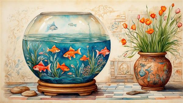 پوستر دیواری فانتزی آکواریوم دایره ای و گلدان سفالی گل های بهاری برای دکوراسیون نوروز
