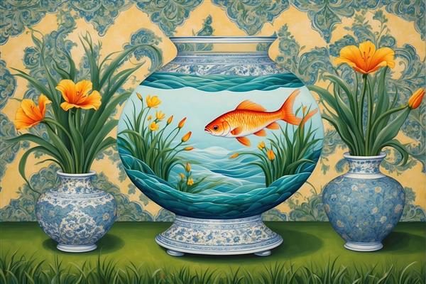 طرح نقاشی سنتی ماهی قرمز در تنگ شیشه ای با گلدان های طرح اسلیمی مناسب برای نوروز