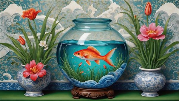 پوستر سه بعدی لوکس طرح تنگ ماهی و امواج دریا با گلدان های سنتی آبی و سفید ویژه نوروز