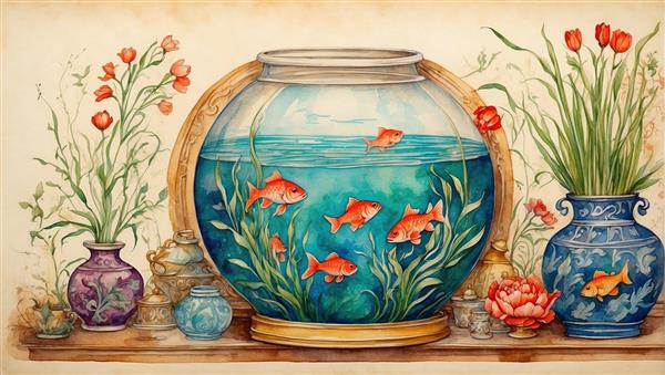 تصویر باکیفیت تنگ ماهی روی طاقچه با گلدان های چینی قدیمی و گل های وحشی برای نوروز