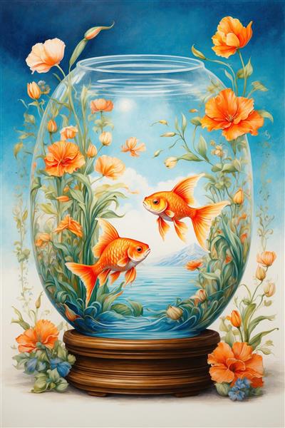 پوستر دیواری طرح آکواریوم شیشه ای با ماهی های گلی نارنجی و گل های شقایق مناسب برای نوروز