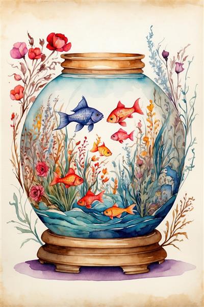 تصویر مینیمال و آرام از رقص ماهی‌ها در تنگ شیشه‌ای گرد مناسب برای نوروز