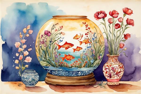 نقاشی هنری تنگ ماهی قرمز در میان گلدان‌های پرگل برای چاپ نوروز