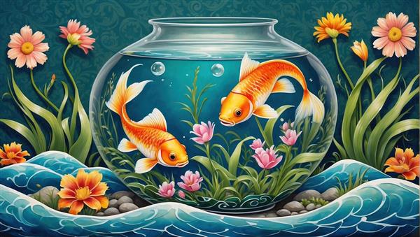 تابلو دکوراسیون مدرن با طرح ماهی‌های نارنجی و امواج آب در تنگ شیشه‌ای مناسب برای نوروز
