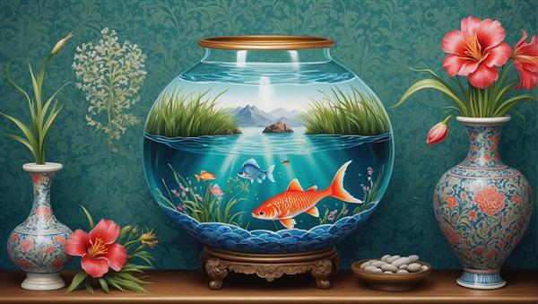 منظره مینیاتوری داخل تنگ ماهی با پس‌زمینه فیروزه‌ای و گل‌های لوتوس برای نوروز