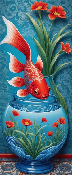 پوستر دیواری عمودی با طرح ماهی قرمز بزرگ و گل‌های لیلیوم در تنگ آبی برای دکوراسیون نوروز