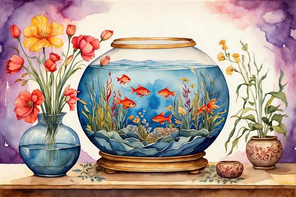 تصویر فانتزی تنگ ماهی گرد در میان گل‌های وحشی بنفش و قرمز ویژه چاپ نوروز