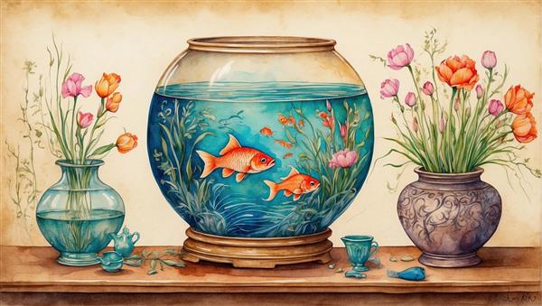 طرح کلاسیک تنگ بلور ماهی قرمز و گلدان‌های شیشه‌ای مناسب تابلوهای تزئینی و پوستر نوروز