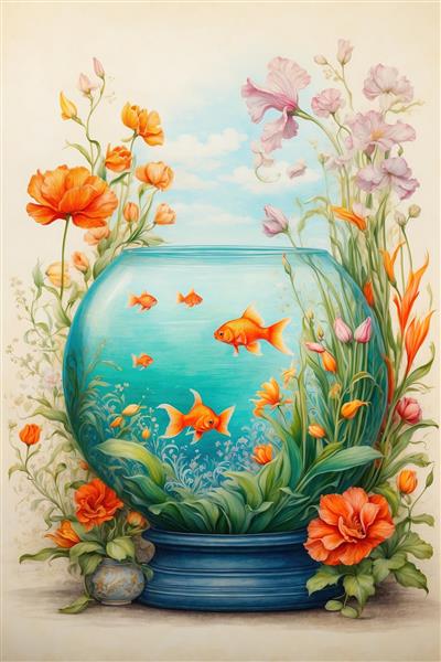 نقاشی آبرنگ تنگ ماهی قرمز با گل‌های نارنجی و صورتی رویایی برای چاپ پوستر نوروز