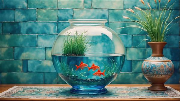 تصویر باکیفیت تنگ ماهی روی میز با پس‌زمینه آجری فیروزه‌ای ویژه پوستر نوروز