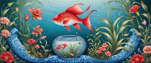 پوستر دیواری پانوراما طرح فانتزی ماهی قرمز و گل‌های مرداب مناسب برای نوروز