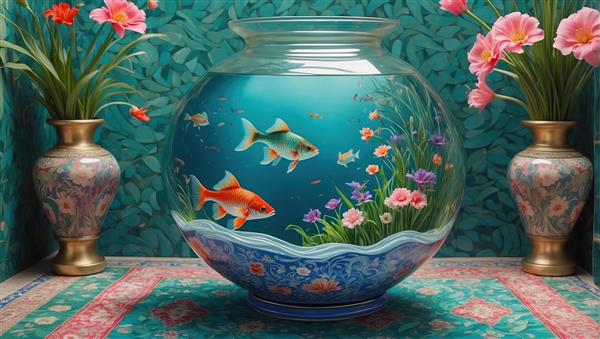 پوستر دیواری طرح آکواریوم و ماهی در تنگ شیشه‌ای با تم رنگی سبز و فیروزه‌ای برای دکوراسیون نوروز