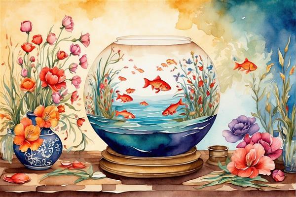 پوستر دیواری هنری طرح آبرنگی ماهی‌های قرمز و گل‌های بهاری مناسب برای دکوراسیون نوروز