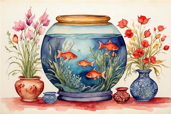 نقاشی آبرنگ تنگ ماهی و گلدان‌های گل فانتزی برای پوستر نوروز