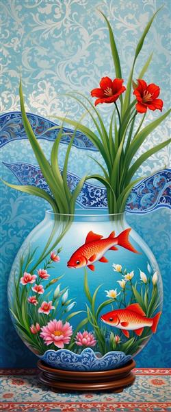 طرح نوروز باکیفیت ماهی قرمز در تنگ شیشه‌ای با پس‌زمینه اسلیمی آبی ویژه چاپ پوستر دیواری پذیرایی و اتاق خواب