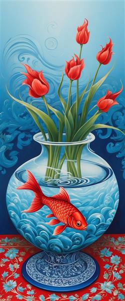 پوستر دیواری عمودی طرح تنگ ماهی قرمز و گل‌های لاله سرخ مناسب برای دکوراسیون نوروز