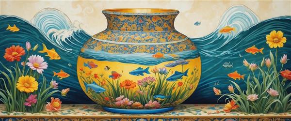 پوستر دیواری عریض امواج دریا و آکواریوم زرد برای دکوراسیون نوروز