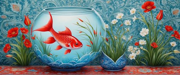 پوستر دیواری عریض طرح تک ماهی قرمز در تنگ بلور مناسب نوروز