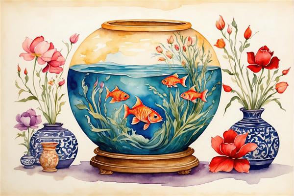 نقاشی آبرنگی هنری از آکواریوم و گلهای بهاری برای نوروز