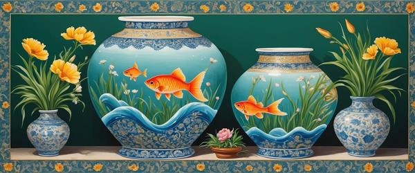 پوستر دیواری عریض با المان‌های سنتی و گلدان زرد برای دکوراسیون رستوران‌های سنتی و نوروز