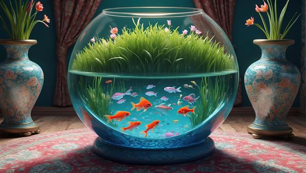 تصویر باکیفیت تنگ ماهی بزرگ و چمنزار آبی مناسب نوروز