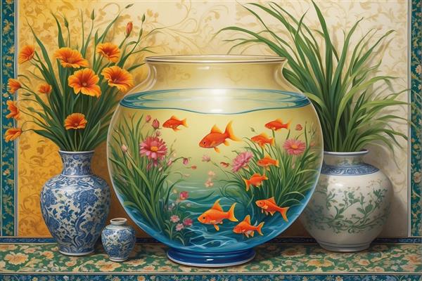 طرح ۳ بعدی پوستر دیواری آکواریوم و گلدان چینی برای نوروز