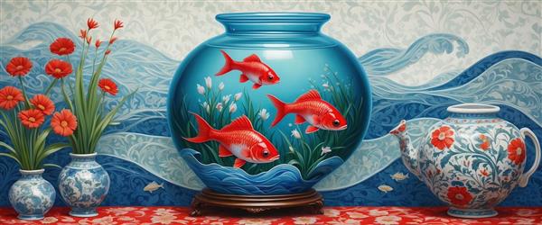 پوستر دیواری پانوراما طرح ماهی قرمز و امواج نیلگون ایده آل برای دکوراسیون نوروز