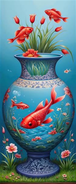 پوستر دیواری عمودی لوکس با طرح گلدان آبی و ماهی‌های قرمز برای نوروز