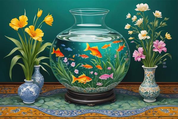 تصویر باکیفیت آکواریوم شیشه‌ای و گلدان‌های تزئینی برای پوستر نوروز