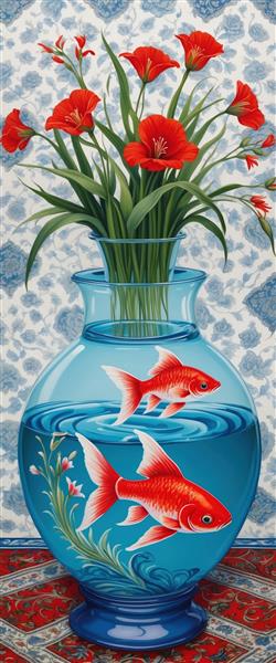 پوستر دیواری کلاسیک تنگ ماهی و گلدان شقایق با پس‌زمینه اسلیمی برای نوروز