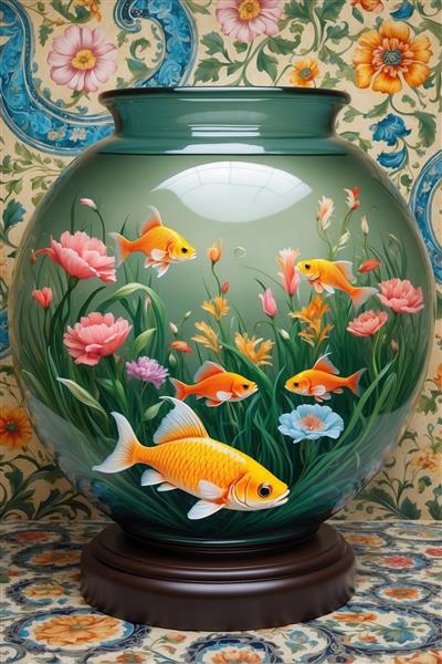 طرح ۳ بعدی پوستر دیواری آکواریوم گیاهی با گلهای صورتی مناسب نوروز