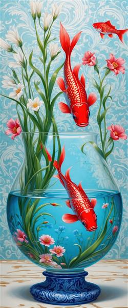 تصویر عمودی ماهی قرمز در گلدان بلور با گلهای بهاری ویژه چاپ نوروز