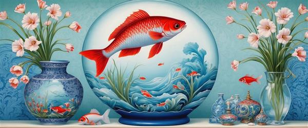 پوستر دیواری عریض تنگ ماهی قرمز و گلدان چینی لوکس برای دکوراسیون نوروز