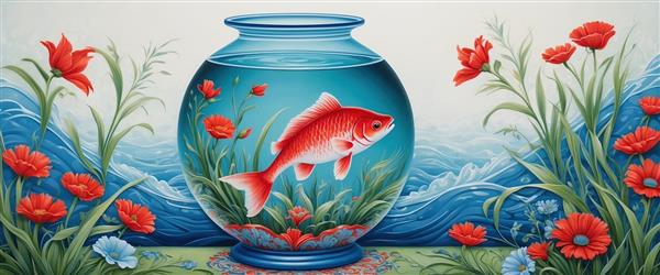 طرح پوستر دیواری سه بعدی تنگ ماهی در میان امواج و گل‌های قرمز وحشی مناسب برای نوروز