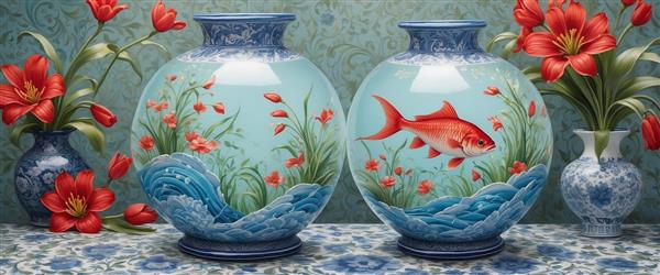 پوستر دیواری دوتایی با طرح تنگ ماهی و گل‌های سرخ کلاسیک مناسب برای نوروز