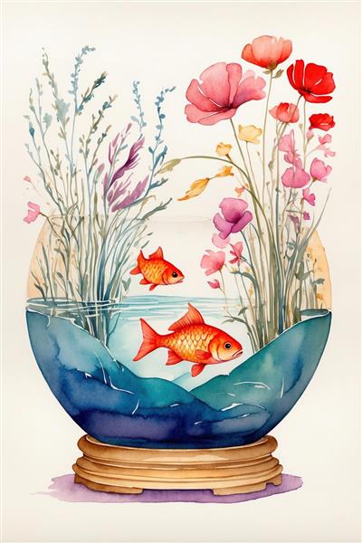 نقاشی آبرنگی فانتزی تنگ ماهی و گل‌های شقایق صورتی ویژه چاپ نوروز
