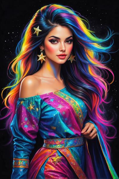 طرح گرافیکی زن با موهای کهکشانی و لباس ستاره‌ای مناسب برای پوستر دیواری اتاق خواب نوجوان و گیم‌نت